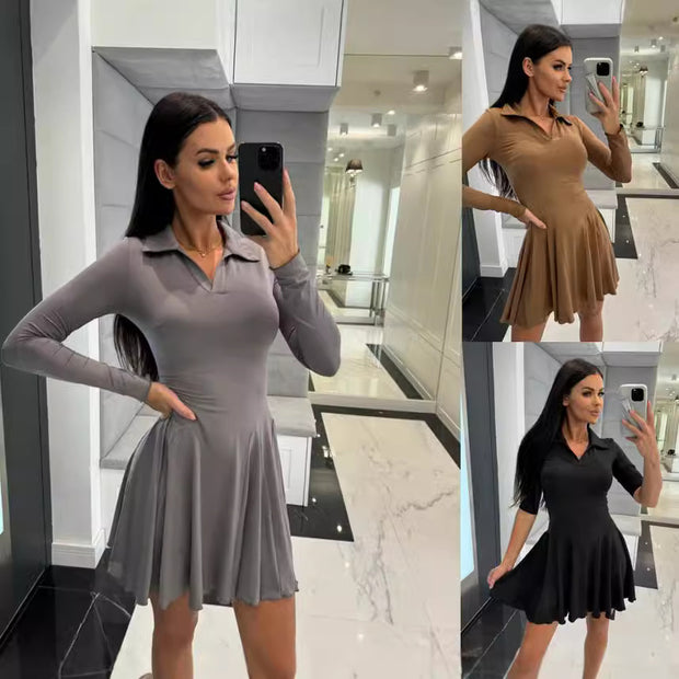 Damen Sportliches Polo-Kleid mit schwingendem Rock und langen Ärmeln WW