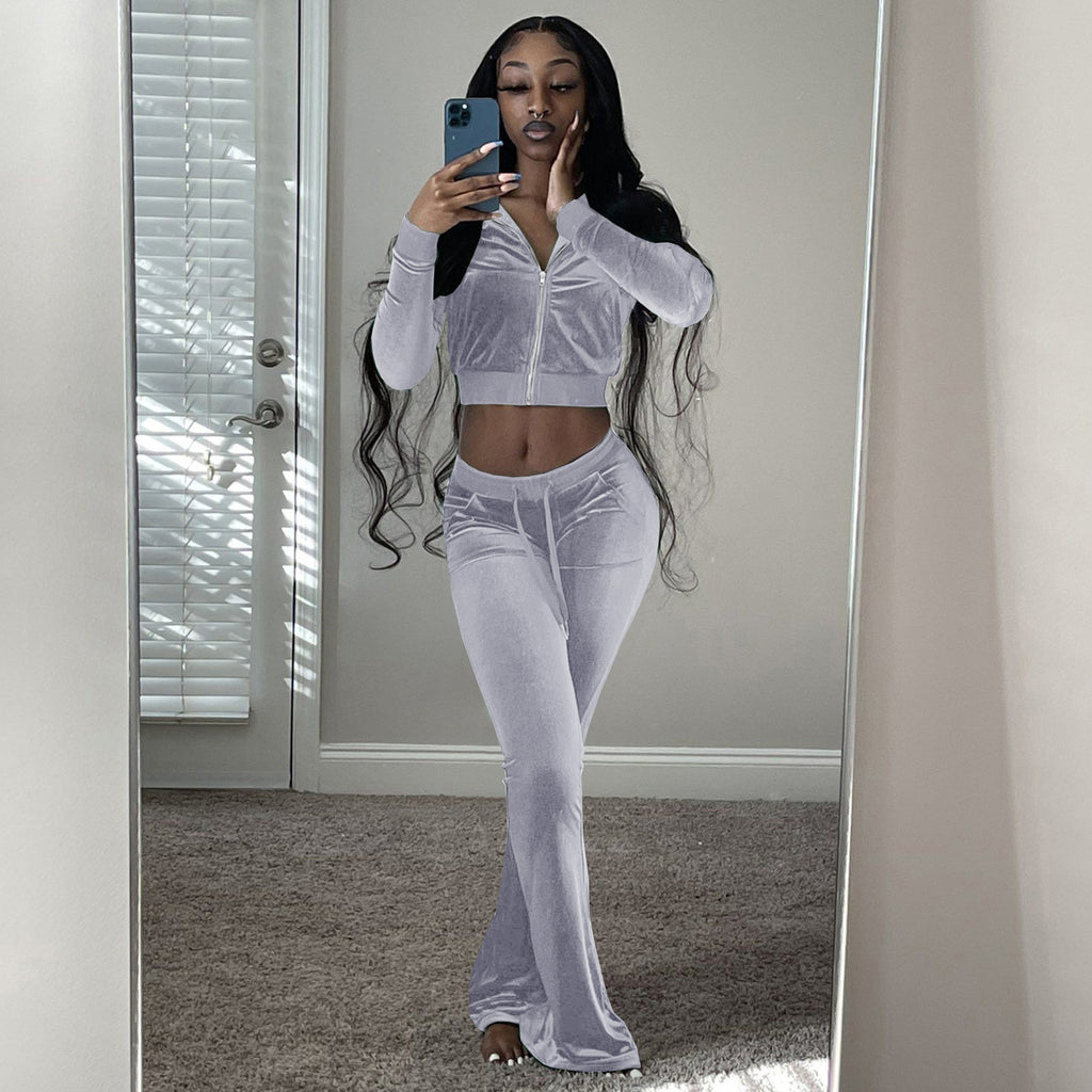 Damen Velours Tracksuit mit Zip-Front und weit geschnittener Hose WW