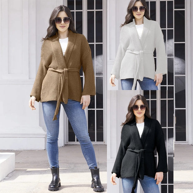 Damen Strickjacke mit Bindegürtel und lässigem Schnitt WW