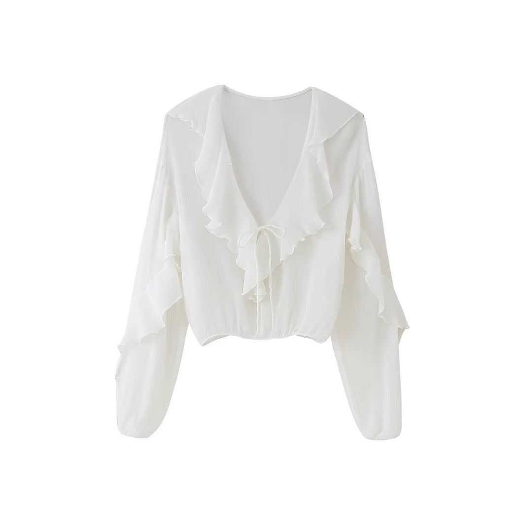 Damen Bluse mit romantischen Rüschen und tiefem V-Ausschnitt WW