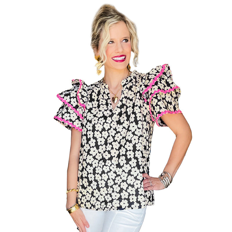 Damen Oberteil mit auffälligem Blumenmuster und Rüschen WW