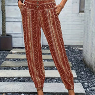 Damen Weite Freizeithose mit elastischem Bund und knopfverzierter Taille WW