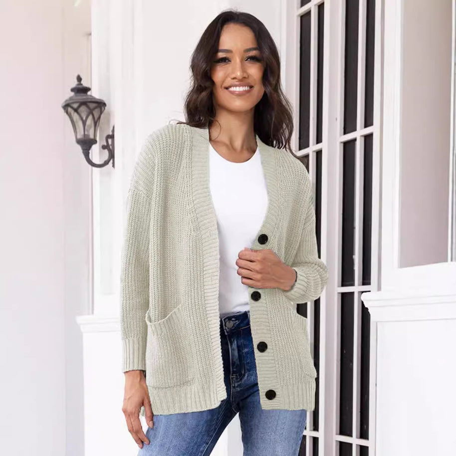 Damen Strickjacke mit großen Taschen und klassischem Knopfverschluss WW