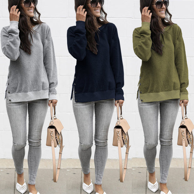 Damen Bequemer Sweatshirt mit Knopfdetails und seitlichen Schlitzen WW