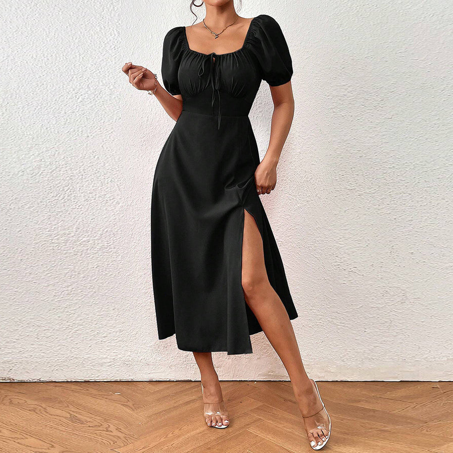 Damen elegantes Maxikleid mit Puffärmeln und seitlichem Schlitz W&W