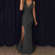 Damen Funkelndes Abendkleid mit tiefem V-Ausschnitt und seitlichem Schlitz WW