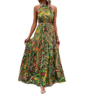 Damen Maxikleid im Boho-Stil mit elegantem Halterneck und seitlichem Bindegürtel WW
