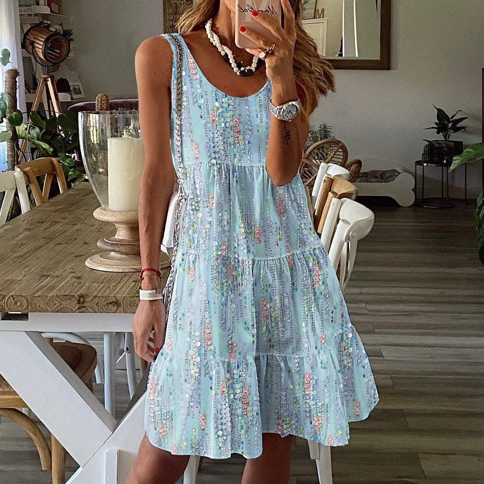 Damen luftiges Freizeitkleid mit schwingendem Volant und verspieltem Druck WW