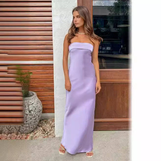 W&W Mode | Sommer Einfarbiges Trägerloses Elastisches Rückfreies Satin Kleid