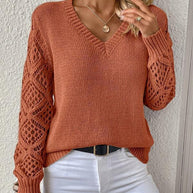 Damen Strickpullover mit V-Ausschnitt und gehäkelten Ärmeln WW