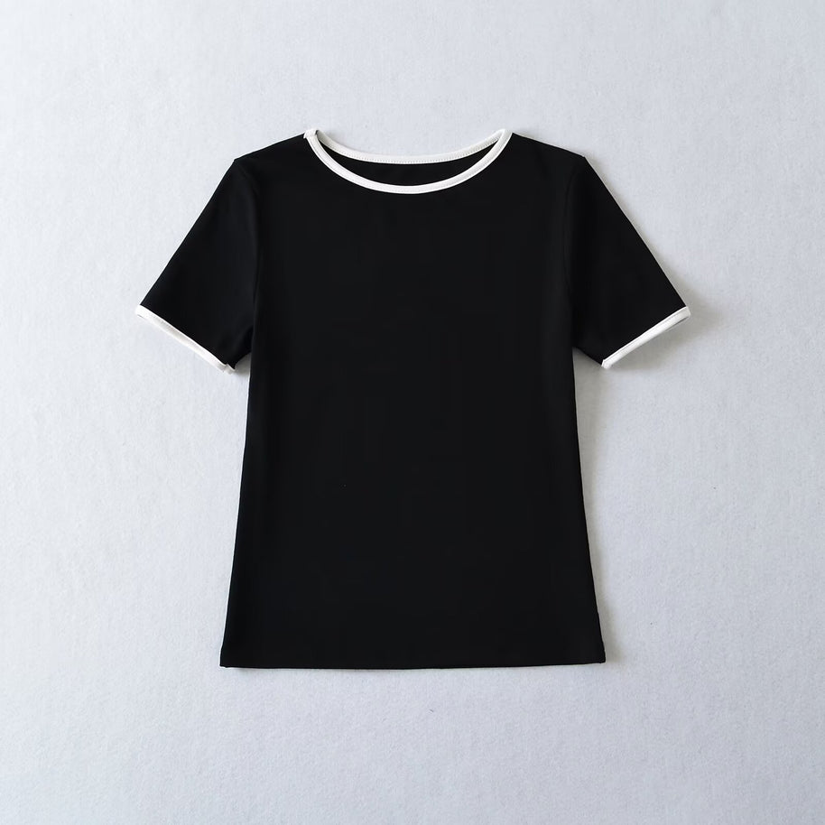 Damen klassisches T-Shirt mit kontrastierenden Ärmelabschlüssen und hochwertiger Baumwolle WW