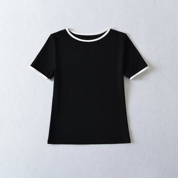 Damen klassisches T-Shirt mit kontrastierenden Ärmelabschlüssen und hochwertiger Baumwolle WW