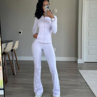 Damen Sportliches Freizeit-Loungewear-Set mit enganliegendem Langarmoberteil und hoher Taille WW