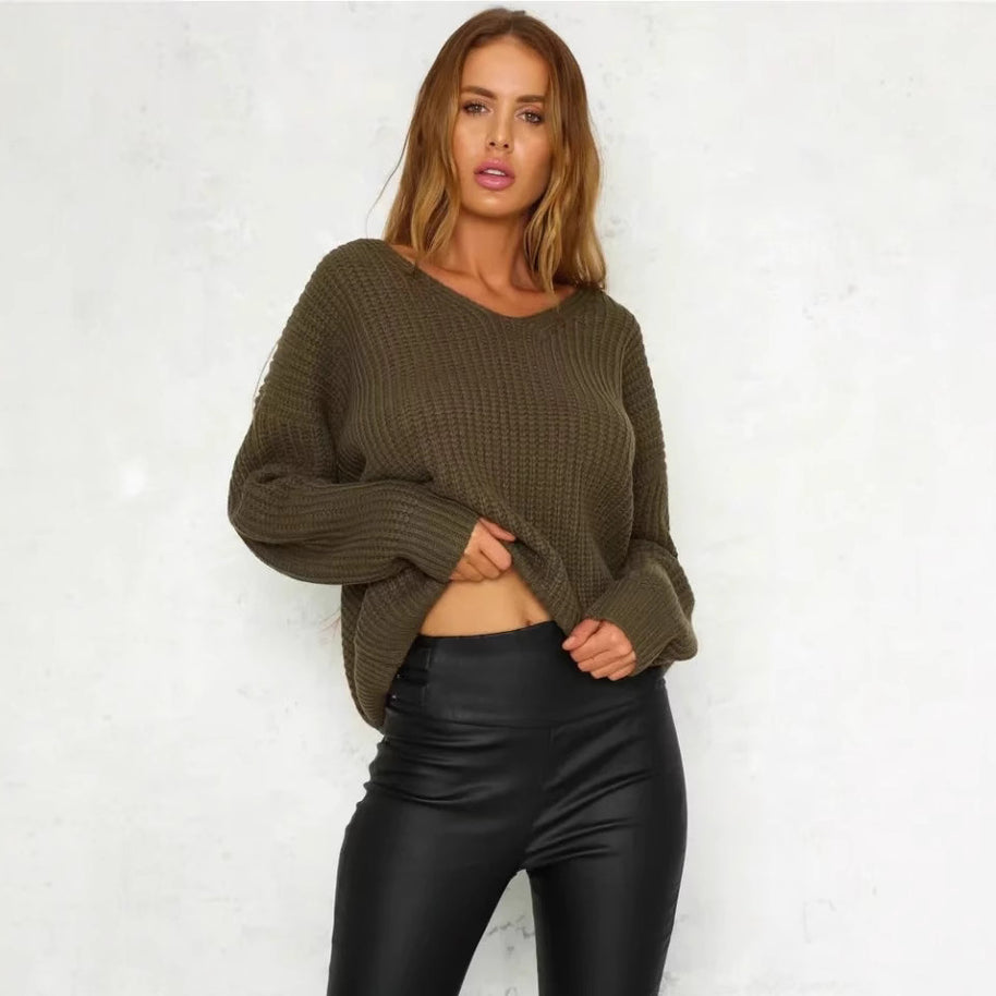 Damen Strickpullover mit tiefem V-Ausschnitt und dekorativem Rückendesign WW