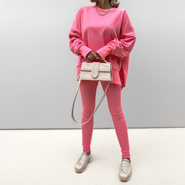 Damen sportliches Set aus ultra-bequemen Oversized-Pullover und figurbetonten Leggings WW