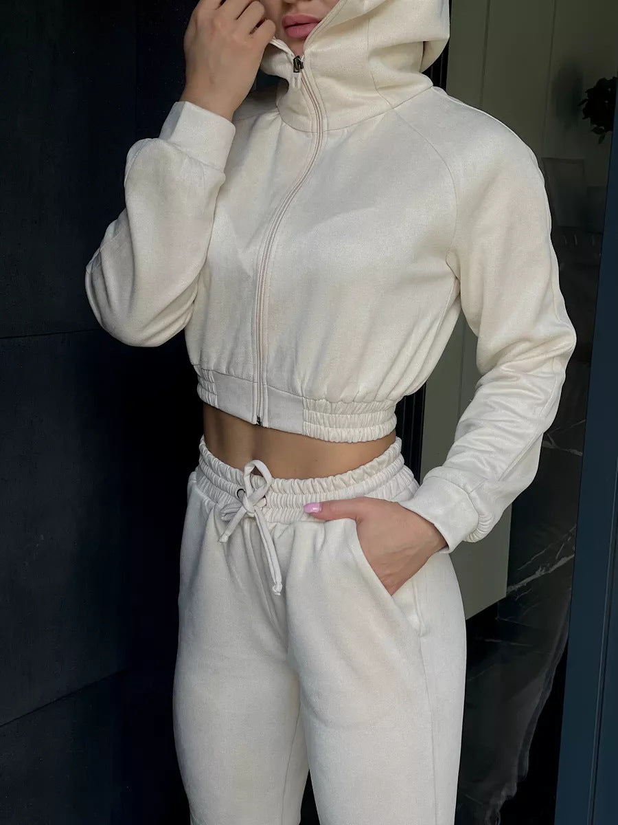 Damen Sportliches Fleece-Cropped-Set mit Kapuze und elastischem Bund WW