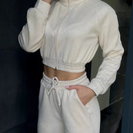 Damen Sportliches Fleece-Cropped-Set mit Kapuze und elastischem Bund WW