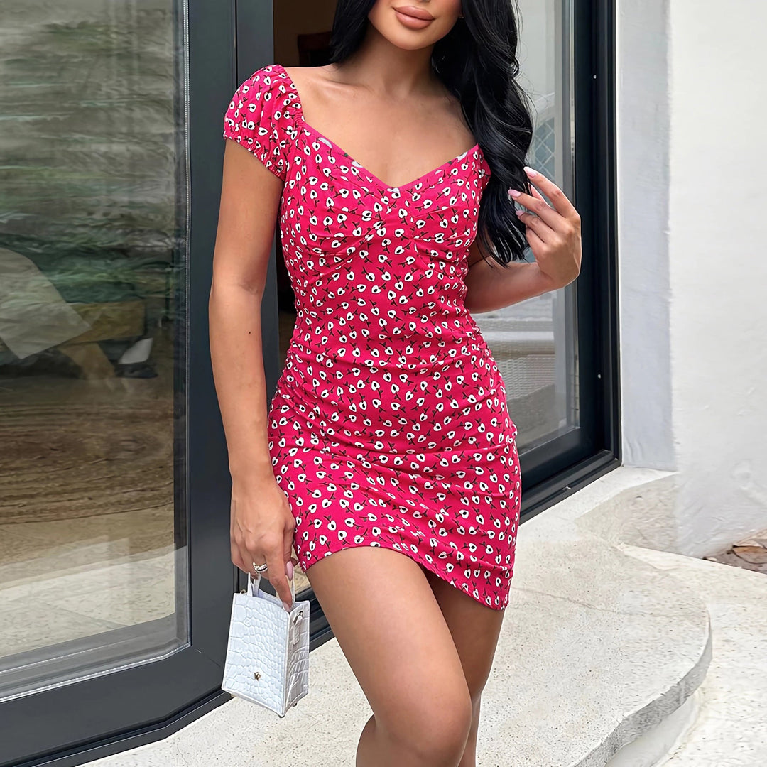 Damen Blütenmuster Mini-Kleid mit Puffärmeln W&W Mode