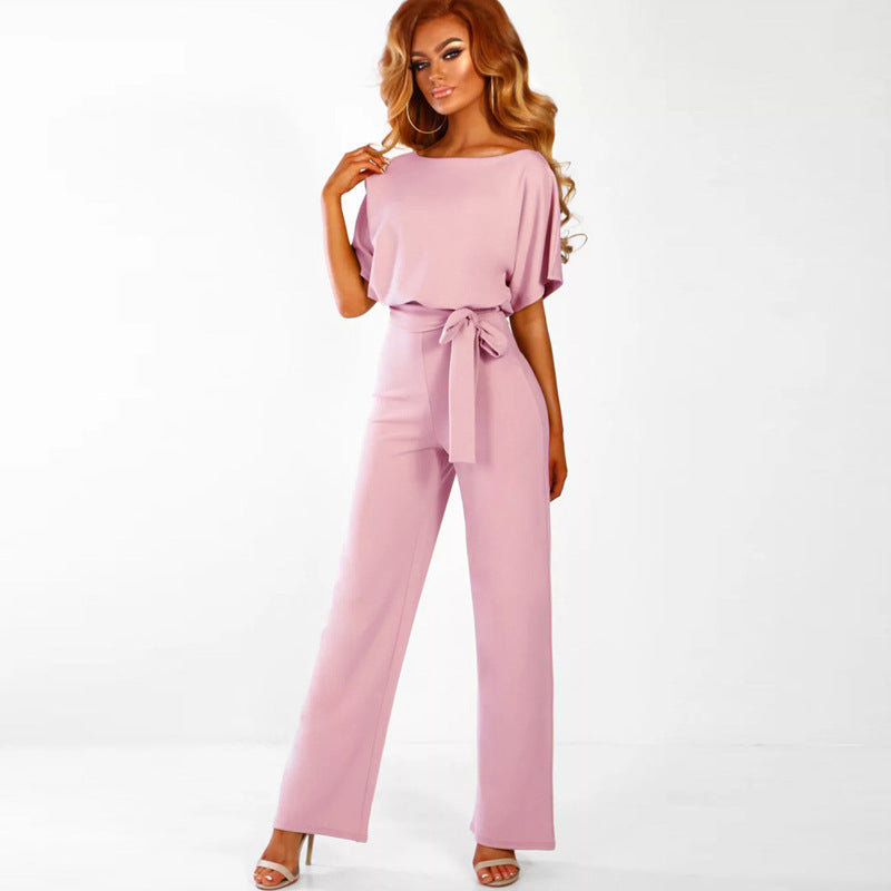 Damen Eleganter Weit Beins Jumpsuit mit Bindegürtel WW