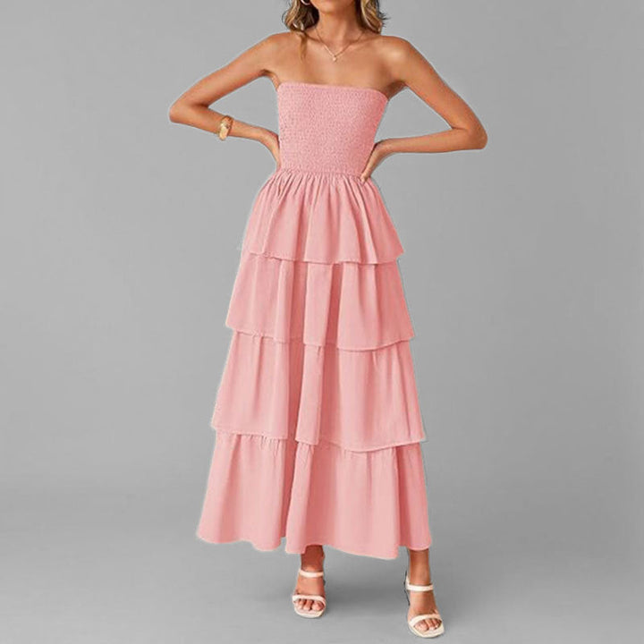 Damen Maxikleid mit schulterfreiem Design und voluminösen Rüschenschichten W&W Mode