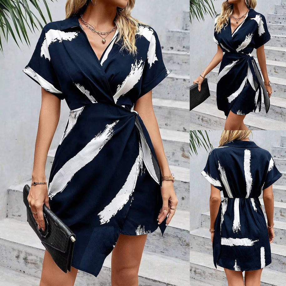 WW | Elegantes bedrucktes V-Ausschnitt-Kleid mit Schleife