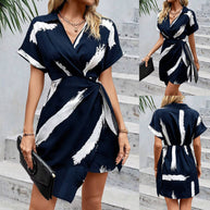 WW | Elegantes bedrucktes V-Ausschnitt-Kleid mit Schleife