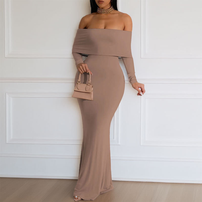 Damen Bodycon Maxikleid mit schulterfreiem Design und langem Ärmel W&W Mode