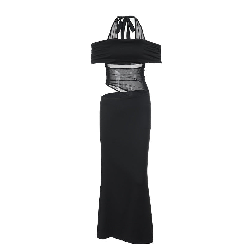 Damen Cocktailkleid mit schulterfreiem Design und raffiniertem Netz-Einsatz W&W Mode