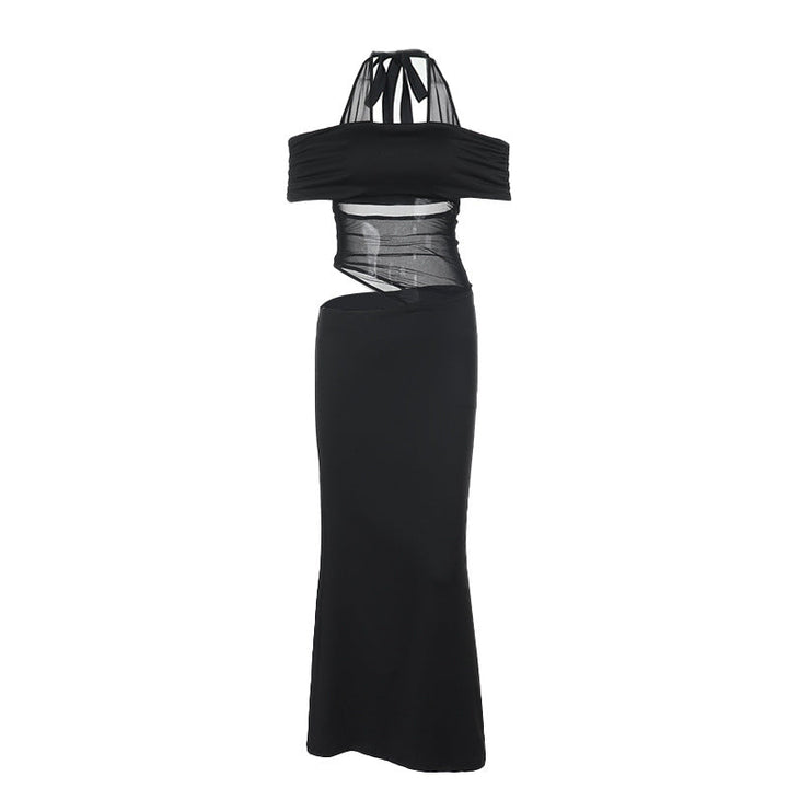 Damen Cocktailkleid mit schulterfreiem Design und raffiniertem Netz-Einsatz W&W Mode