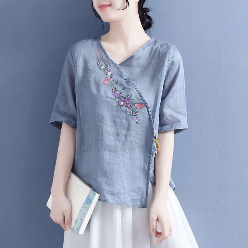 Damen Bestickte V-Ausschnitt Leinenbluse WW