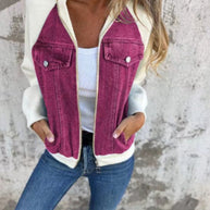 Damen Denim-Jacke mit kontrastfarbenen Ärmeln und praktischen Taschen WW