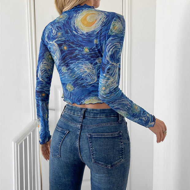 WW | Kleines Stehkragen Sternenhimmel Netz Kurzarm-T-Shirt