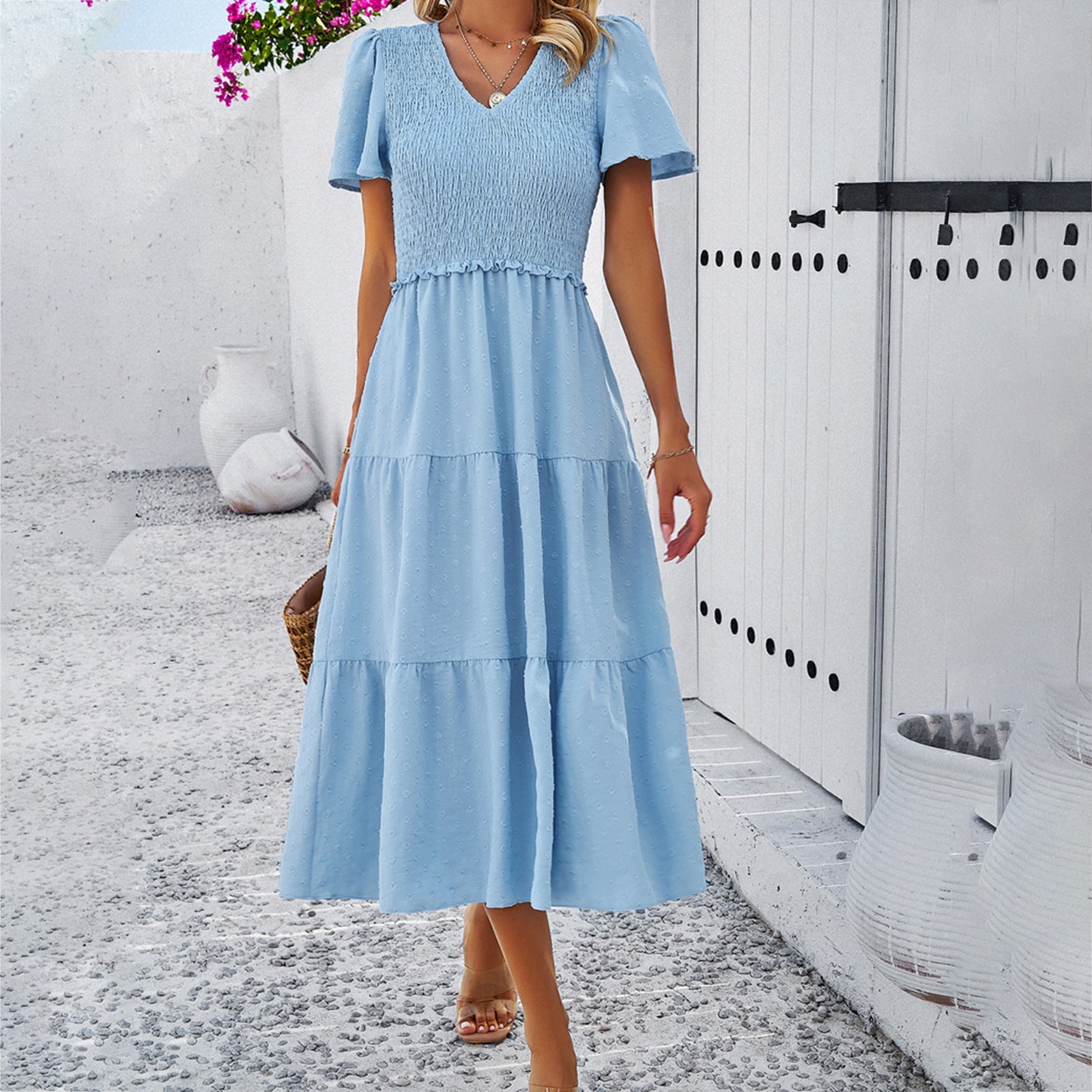 WW | Lässiges einfarbiges V-Ausschnitt Kurzarmkleid