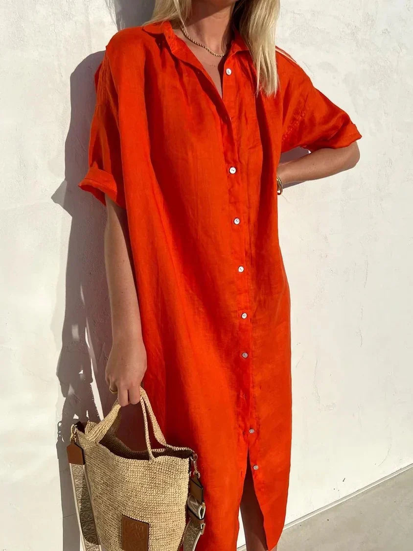 WW | Knopfkleid mit Weitem Ausschnitt und Schmalen Ärmeln, Elegant und Locker, für Frauen Baumwoll- und Leinenkleider