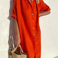 WW | Knopfkleid mit Weitem Ausschnitt und Schmalen Ärmeln, Elegant und Locker, für Frauen Baumwoll- und Leinenkleider