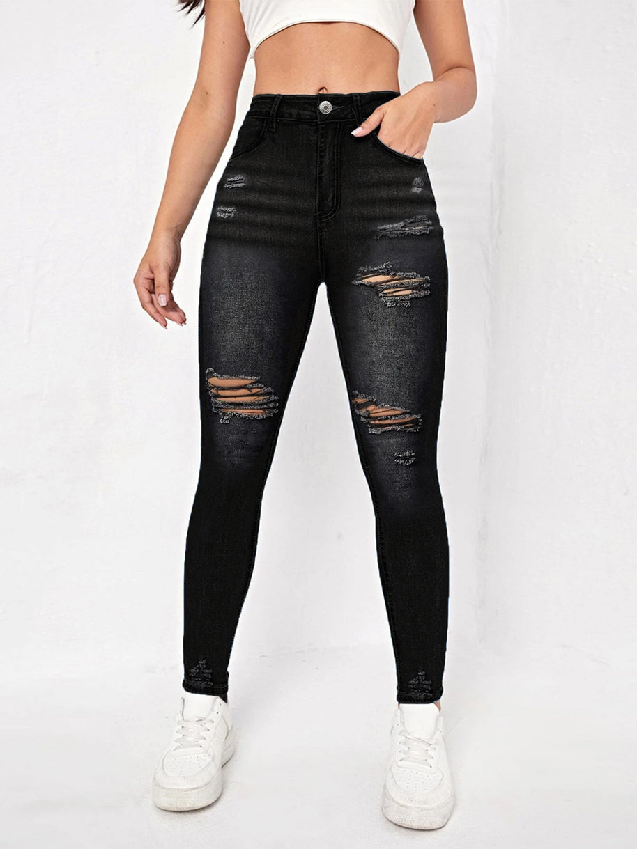 Damen Skinny Jeans im modischen Destroyed-Look mit hohem Taillenbund und komfortablem Stretch WW