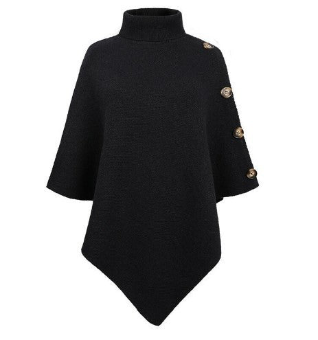 Damen Strick-Poncho mit steigendem Kragen und dekorativen Knopfdetails WW