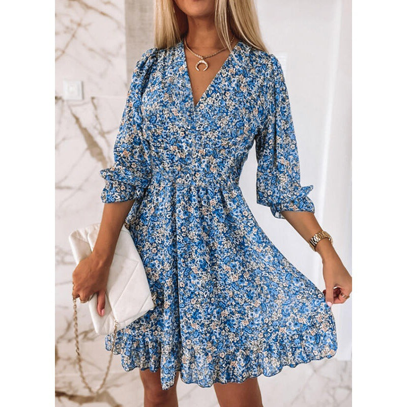 Damen Blusenkleid im romantischen Floral-Design mit V-Ausschnitt und Rüschenärmeln WW