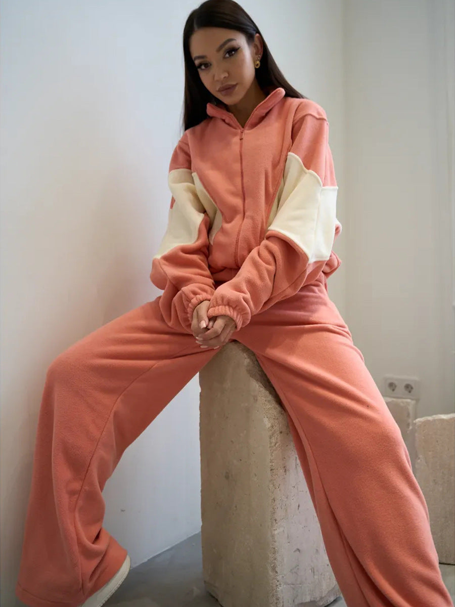 Damen sportliches Fleece-Set mit hochgeschlossenem Kragen und weiten Hosen WW