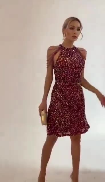WW | Damen Ärmelloses Halfterhals Paillettenkleid