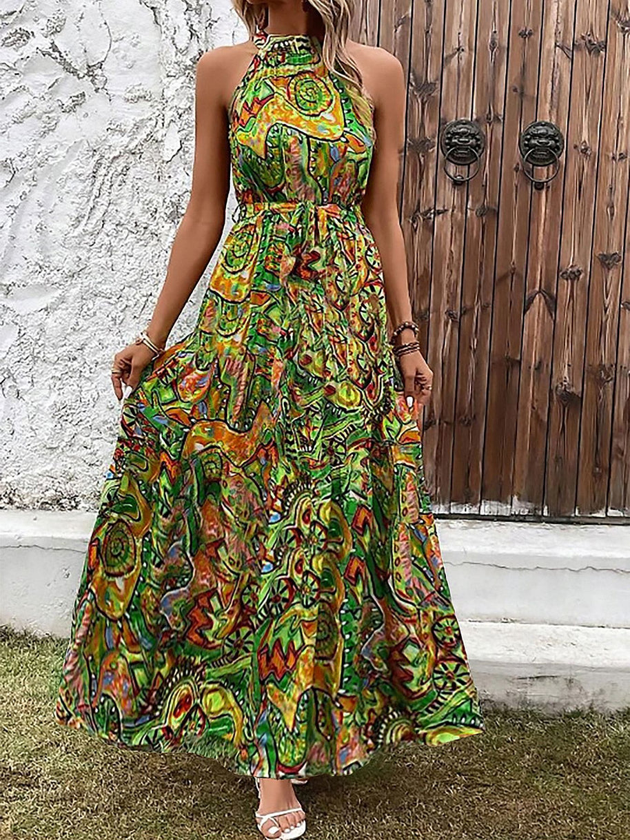 Damen Maxikleid im Boho-Stil mit hohem Kragen und Bindegürtel WW