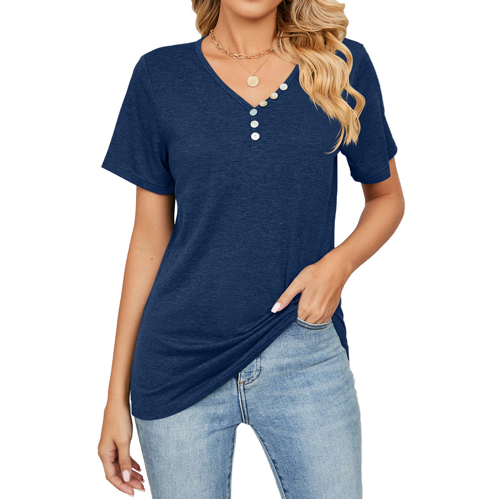 Damen V-Ausschnitt T-Shirt mit dekorativen Knopfdetails und lockerem Schnitt WW