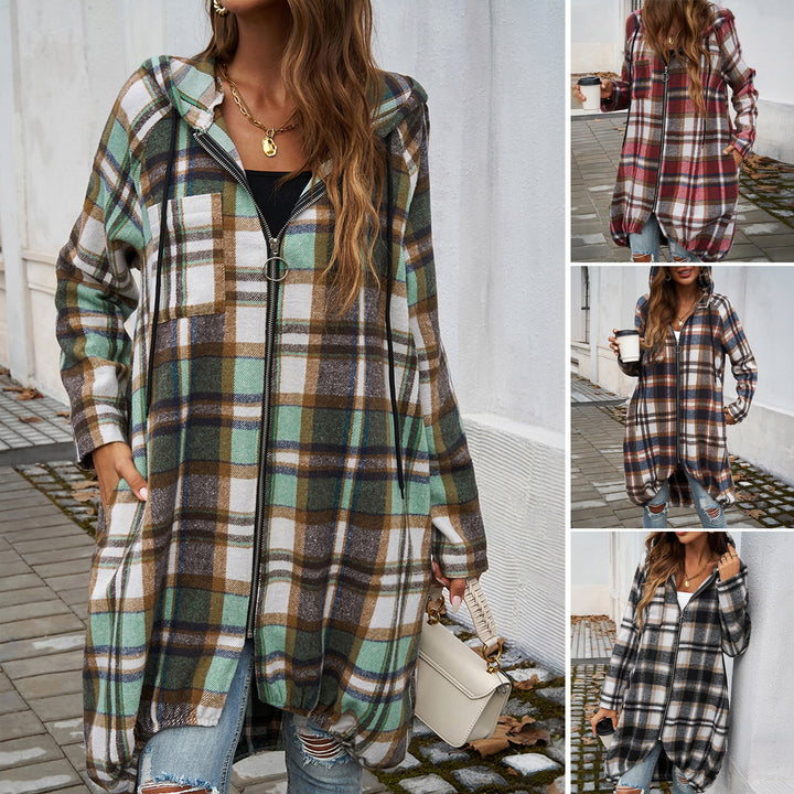 Damen Karierte Longjacke mit Kapuze und Taschen W&W Mode