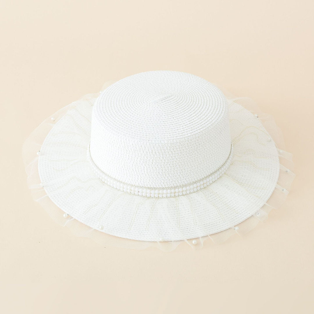 Damen eleganter Sonnenhut mit feinem Tüllbesatz und stilvoller Perlenverzierung W&W Mode