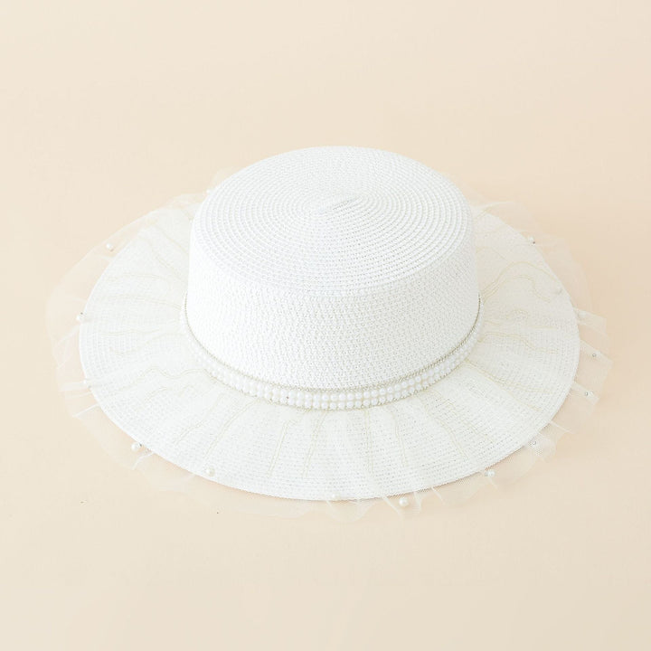 Damen eleganter Sonnenhut mit feinem Tüllbesatz und stilvoller Perlenverzierung W&W Mode