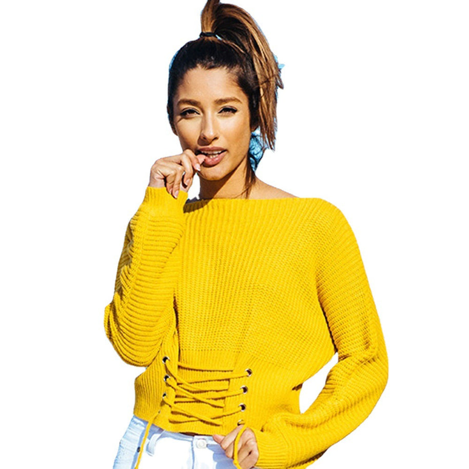 Damen Strickpullover mit schnüren und weitem Schnitt WW