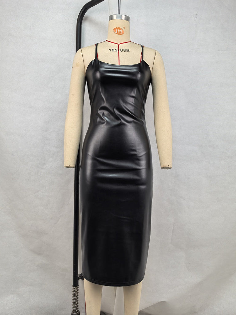 WW | Ärmelloses Split Kleid Faux Leder Nachtclub Sexy Rückenfrei Schnürung Auf Schlinge