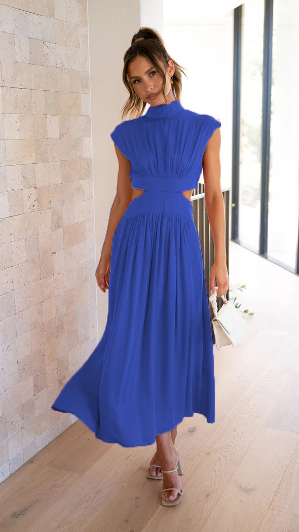 Damen elegantes Maxikleid mit hohem Kragen und seitlichen Cut-Outs WW