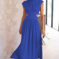 Damen elegantes Maxikleid mit hohem Kragen und seitlichen Cut-Outs WW