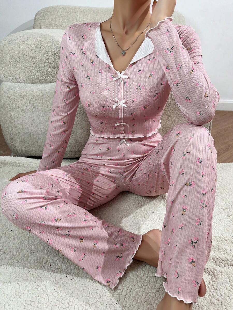 Damen Pyjama-Set mit zarter Rüsche und floralem Muster WW